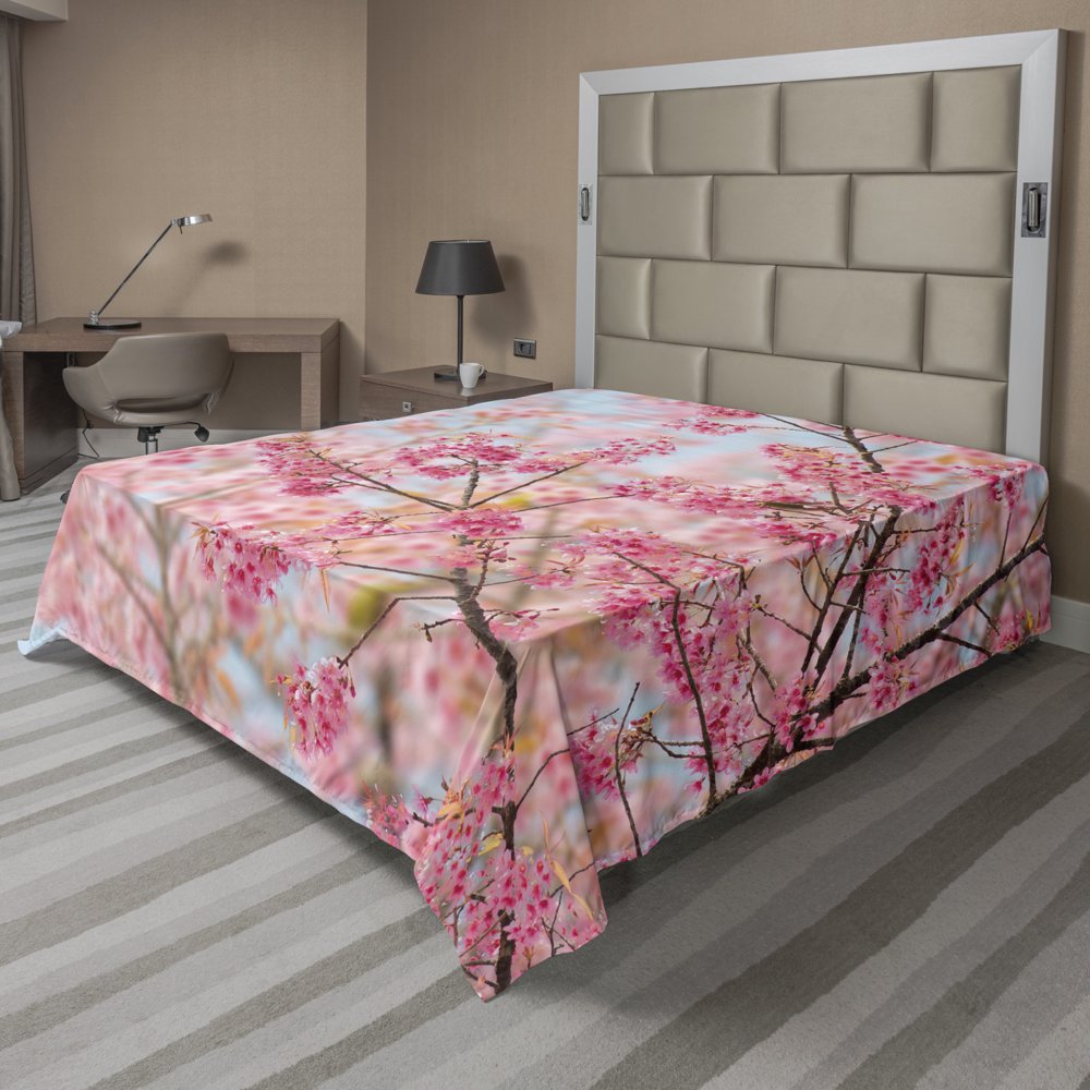Floral Flat Sheet, Japanese Sakura Cherry Blossom Branches Full of
