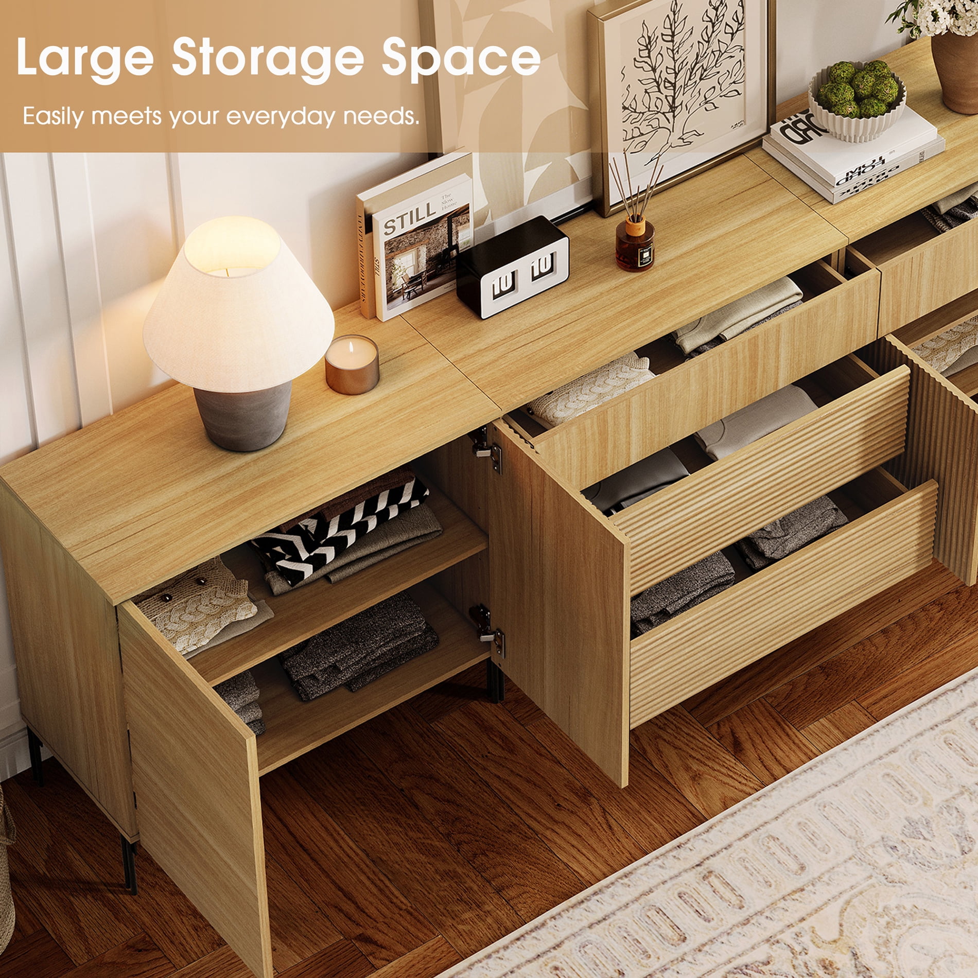 126" Modern Reeded 4-Door Sideboard with Drawers, 4-In-1 Wooden Credenza Storage Cabinet for Kitchen, Dining Room
