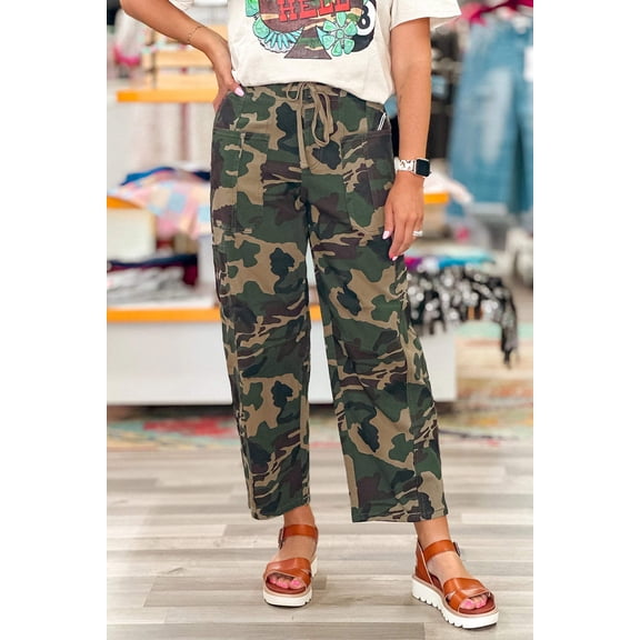 I AM A FASHION JUNKY Green Camouflage Print Drawstring Patch Pocket Barrel Jeans