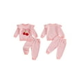 thumbnail image 2 of Qmyliery Toddler Baby Girl Fall Outfits Goose/Bow Cherry Embroidered Striped Long Sleeve Tops with Pants 2 Pcs Set, 2 of 9
