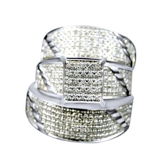 AFFY White Natural Diamond Engagement & Wedding Trio Bridal Ring Set In 10k White Gold (1.24 Cttw)