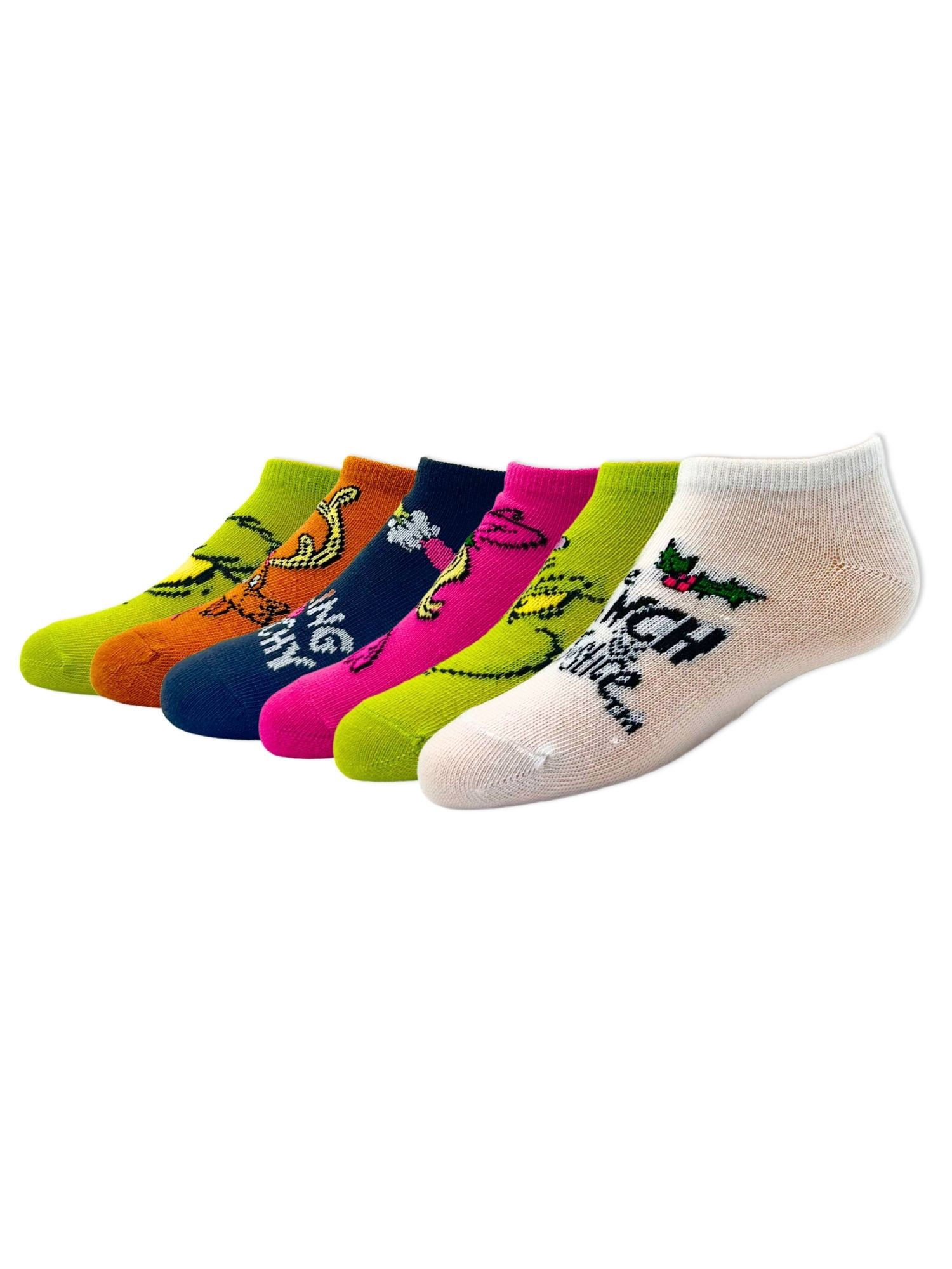 Grinch x Justice Girls No-Show Socks, 6-Pack, Sizes S/M-M/L