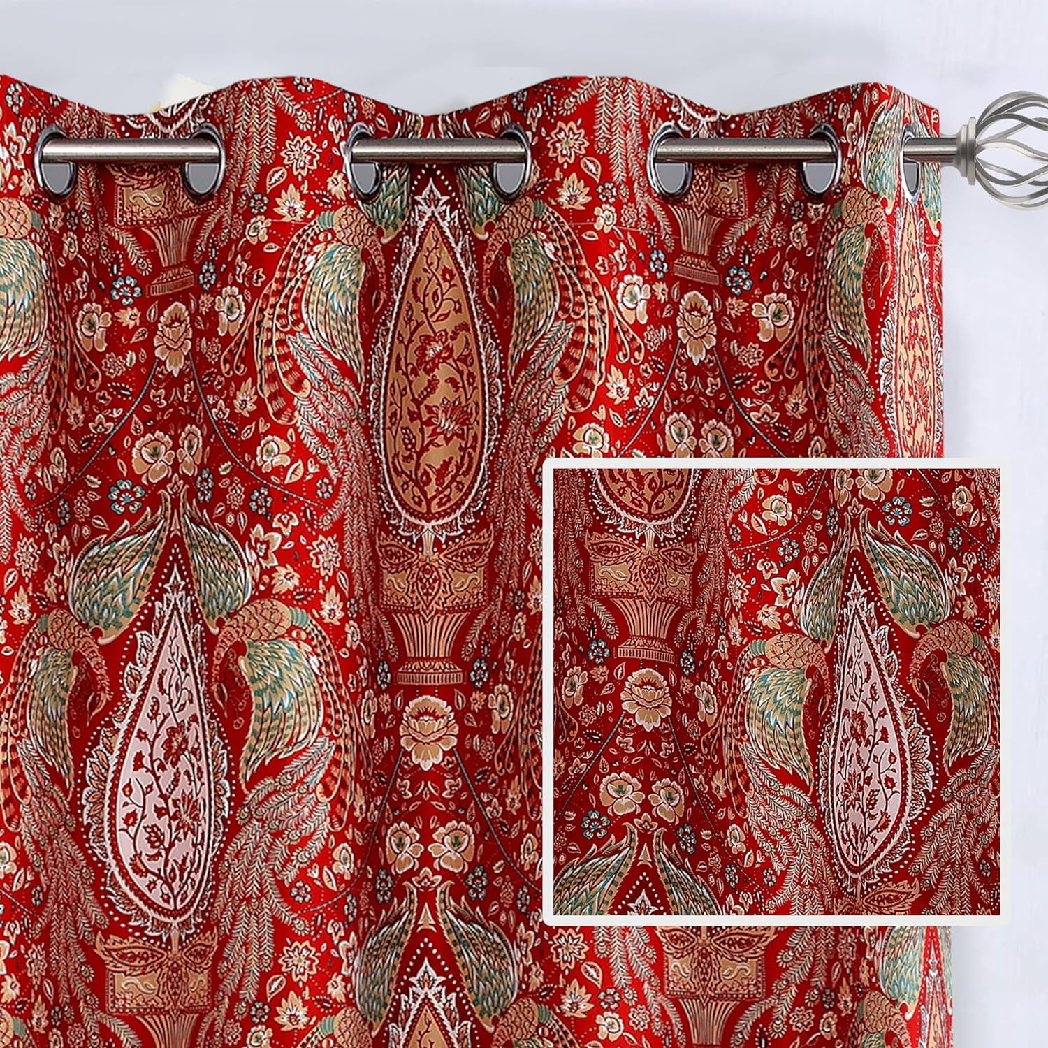 DriftAway Christopher Peacock Floral Pattern Energy Saving Thermal Insulated Blackout Window Curtain Grommet 2 Layers 2 Panels 52 Inch by 84 Inch Red