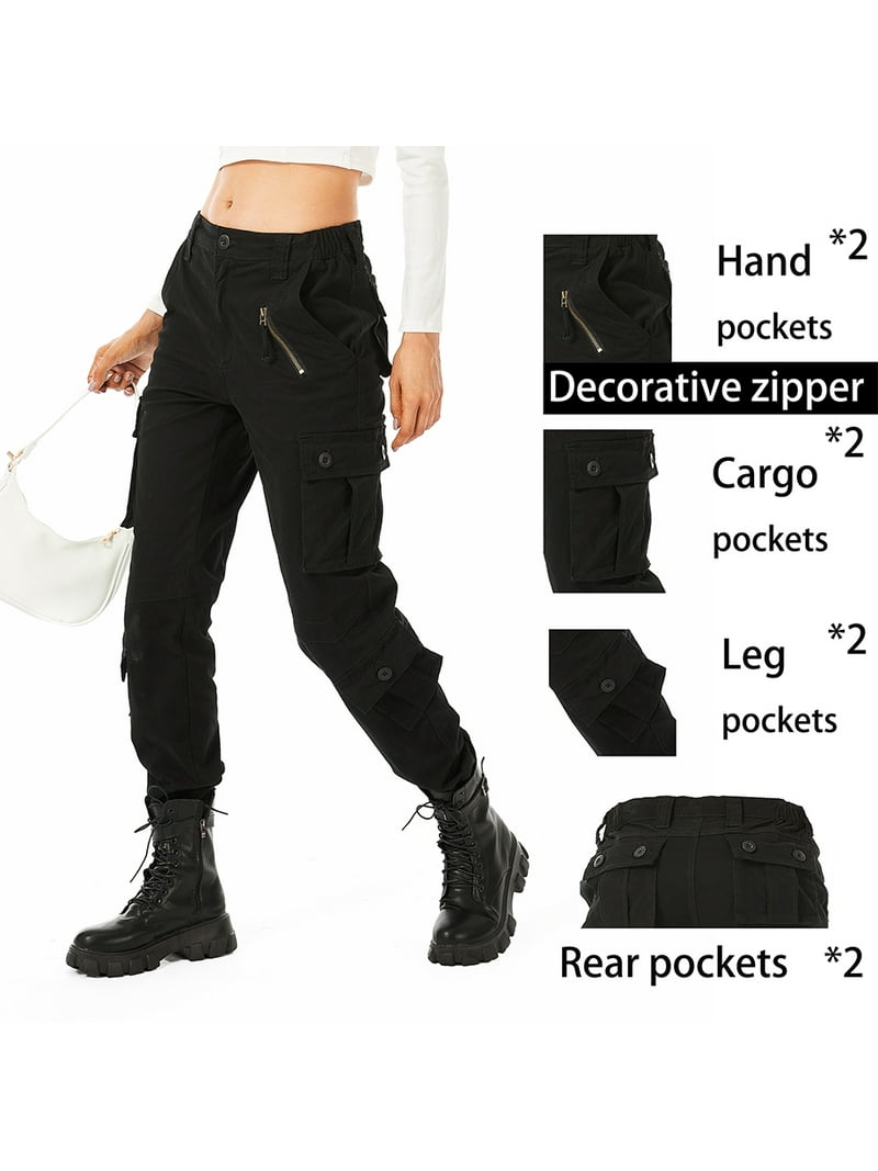 Omthaka Women's Cotton Cargo Pants with 8 Pocket,Black Size