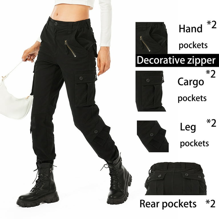 Omthaka Women's Cotton Cargo Pants with 8 Pocket,Black Size 8