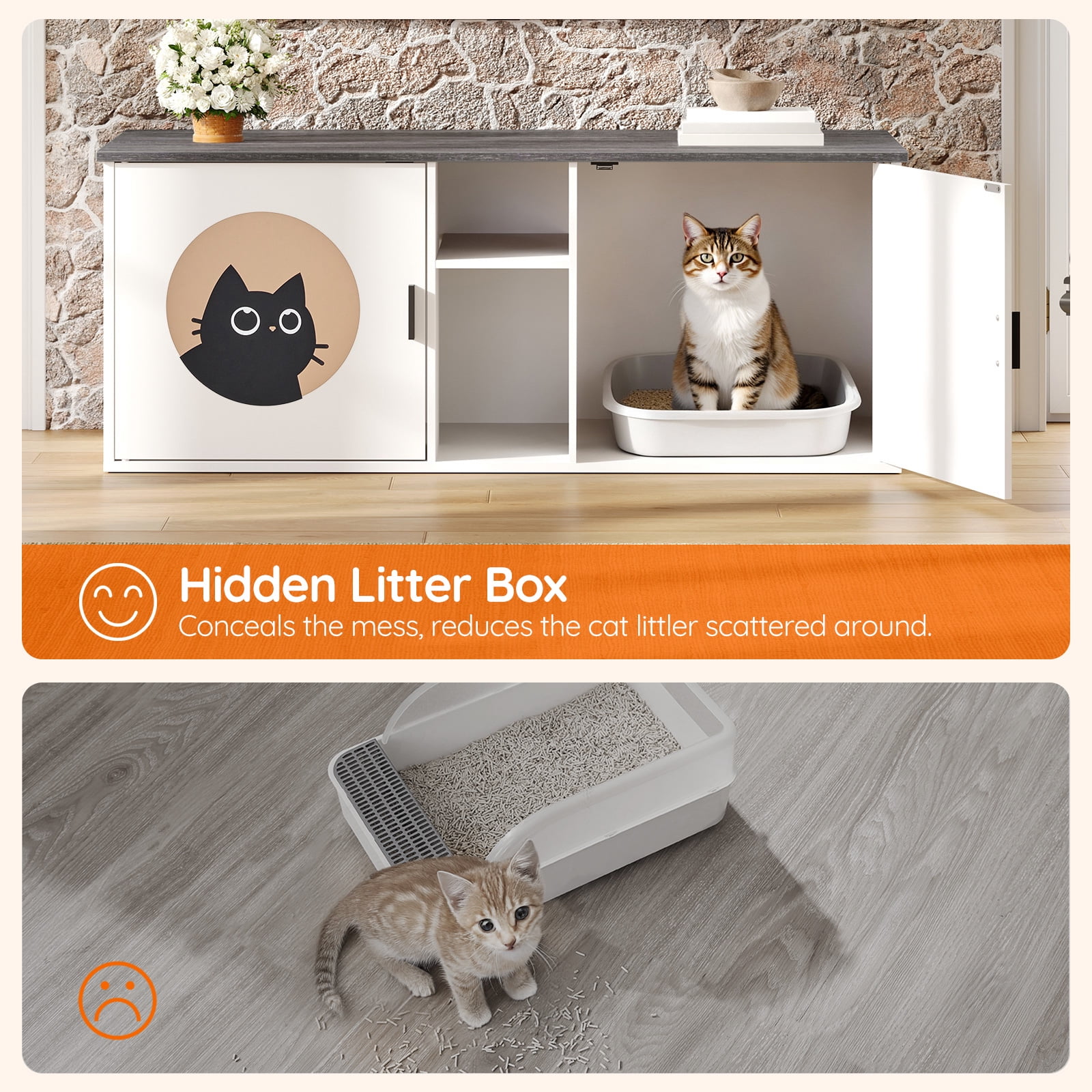 HOOBRO Double Cat Litter Box Enclosure with Middle Storage Shelf, Dual Hidden Litter Box Furniture, Unique Patterned Litter Box Cabinet, White and Charcoal Gray BW25MW01