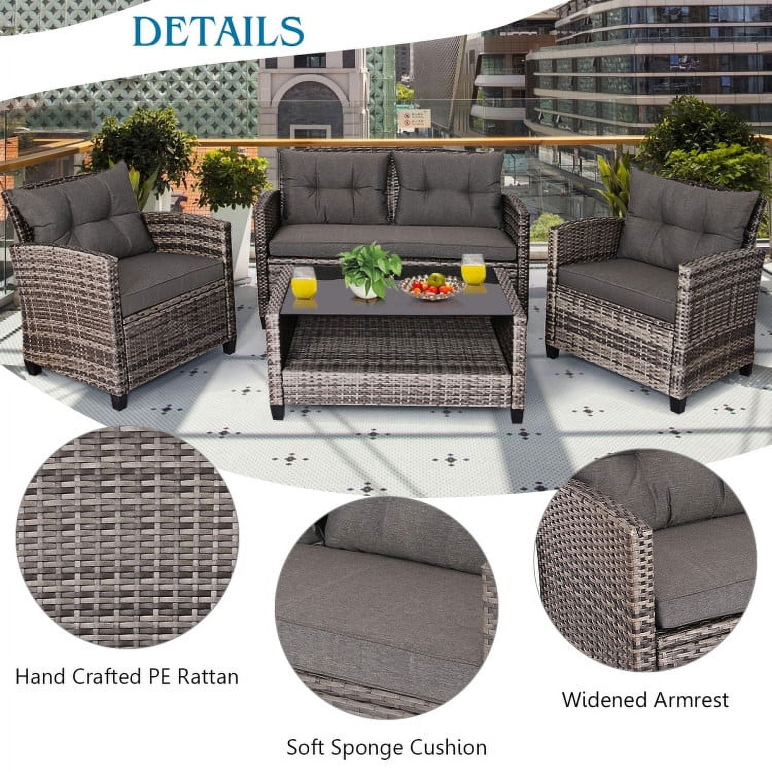 Aimee Lii 4 Pieces Wicker Patio Furniture Set, Coffee Table Cushioned Sofa, Modern Patio Furniture, Gray Aimee Lii 4 Pieces Wicker Patio Furniture Set, Coffee Table Cushioned Sofa, Modern Patio Furniture, Gray