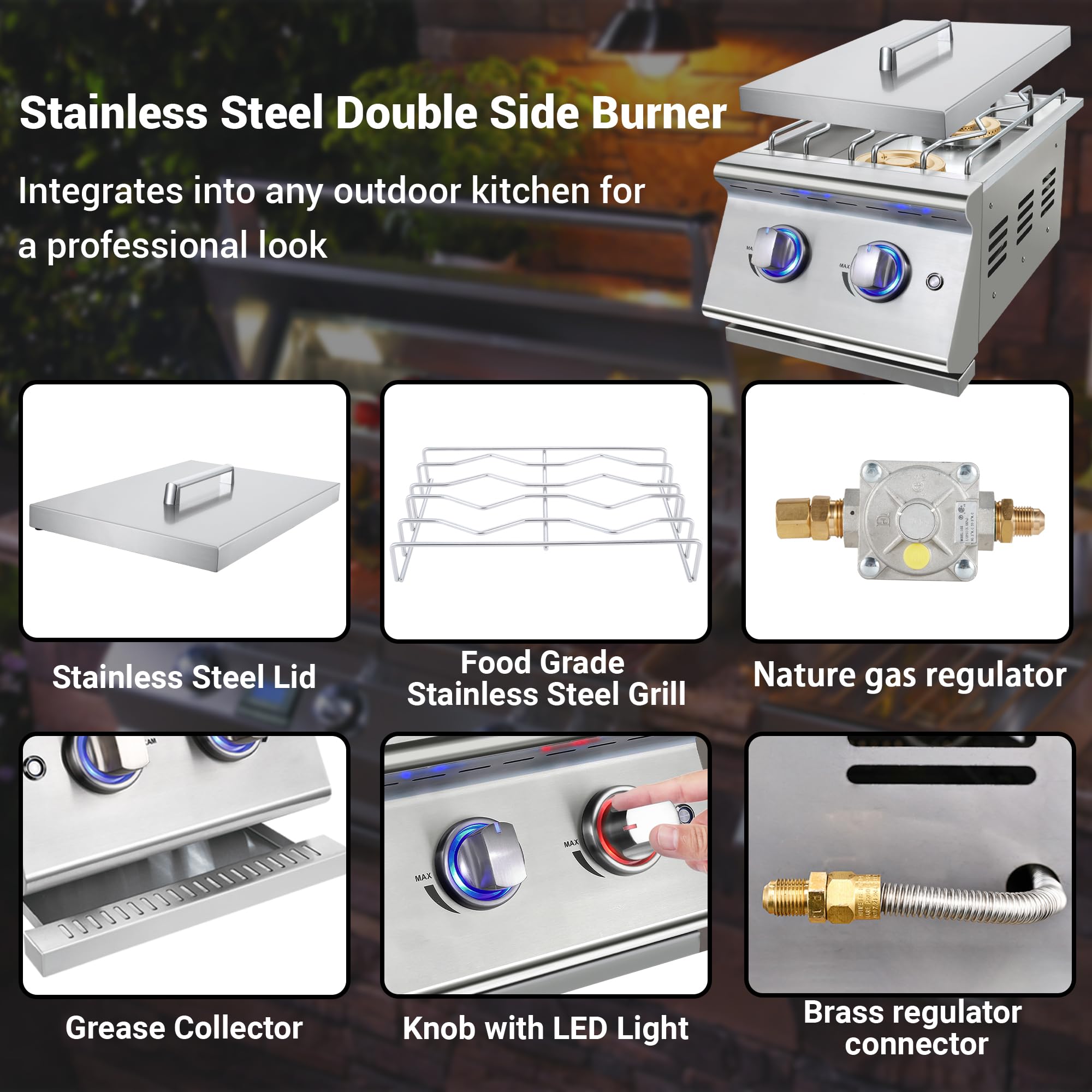 Livory Double Grilling Side Burners for Outdoor Kitchen, 2 * 17,000BTU Nature Gas Burners, Duty Heavy 304 Stainless Steel, Built-in Side Burner for BBQ Island Grill (Nature Gas)