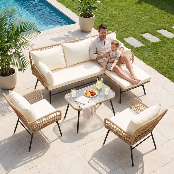 NICESOUL 3 Pcs Boho Outdoor Egg Chair with Fire Pit Table Wicker Patio Furniture Sets, Dark Grey
