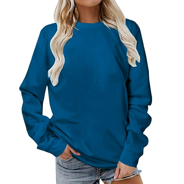 Dagegui Hauts Grande Taille pour Femmes Manches Longues Col Rond T-Shirt Couleur Unie Tunique Chandail Quotidien Bleu TTG
