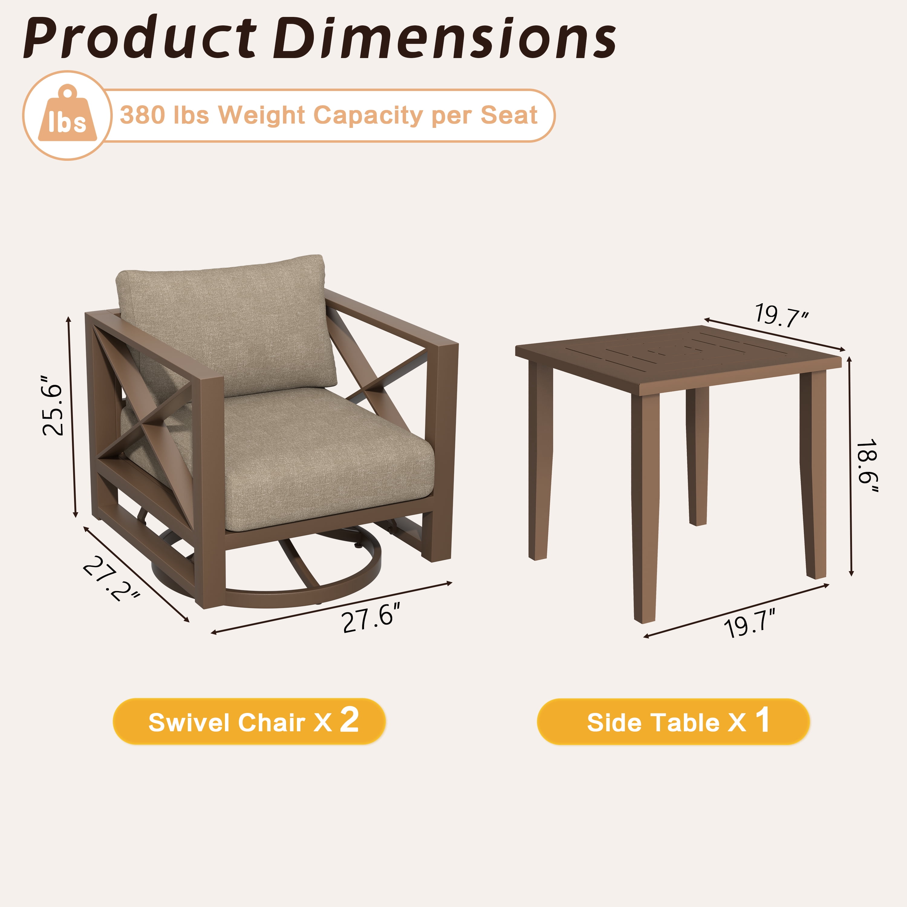 3 Piece Outdoor Swivel Rocker Chair Set, 360° Swivel Rocking Patio Chairs with Side Table, Aluminum Frame, 5.2" Thick Cushions, 380 lbs Capacity for Porch, Deck, Backyard, Balcony