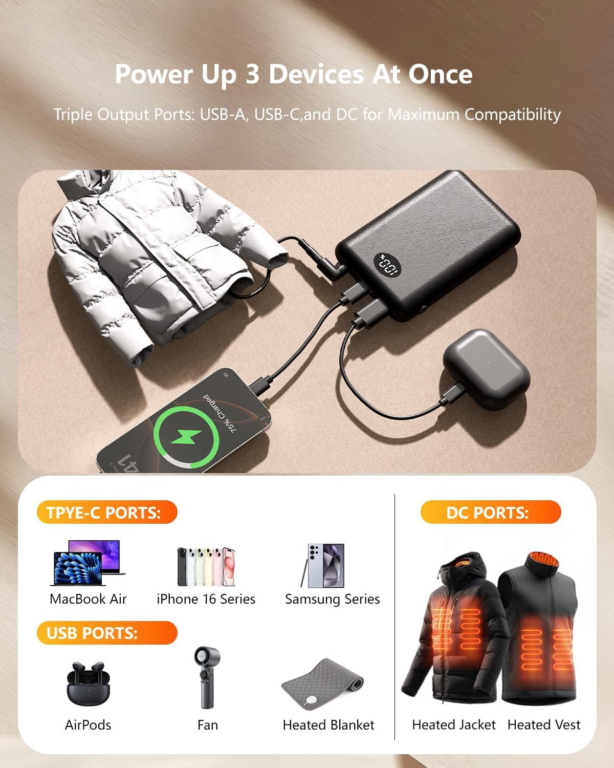 Power Bank, 7.4V2A 10000mAh Battery Pack for Phone, Heated Battery Pack, USB-A /Type-c/DC 3.8mm(Compatible with 3.5 mm, includes 4.0 mm adapter cable.） 1 Pack