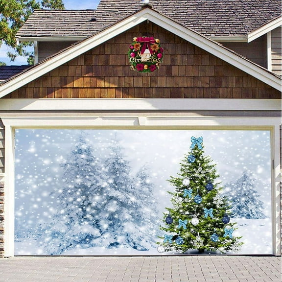Fwttom Christmas Garage Door Cover Decorations - Snowflakes & Christmas Tree Banner Garage Door Decor Outdoor Indoor for Xmas Holiday,
