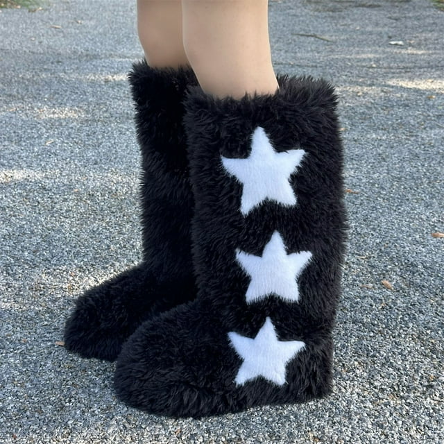 Styesk Bottes pour Femmes Bottes pour Femmes Mode Décontractée Talon Plat Hautes Chaudes d'Hiver Longues Bottes Poilues Bout Rond Mi-Mollet Bottes de Neige Bottes de Travail pour Femmes