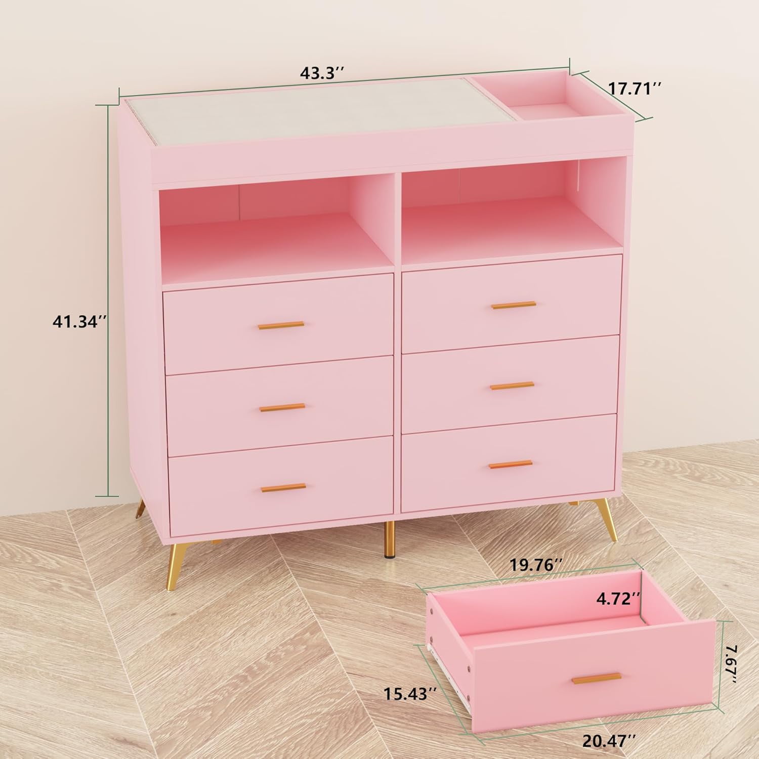 Dresser for Bedroom with 6 Drawers, Baby Changing Table Dresser with Changing Pad, LED Lights & Charging Station, Baby Changing Station with Changing Table Top