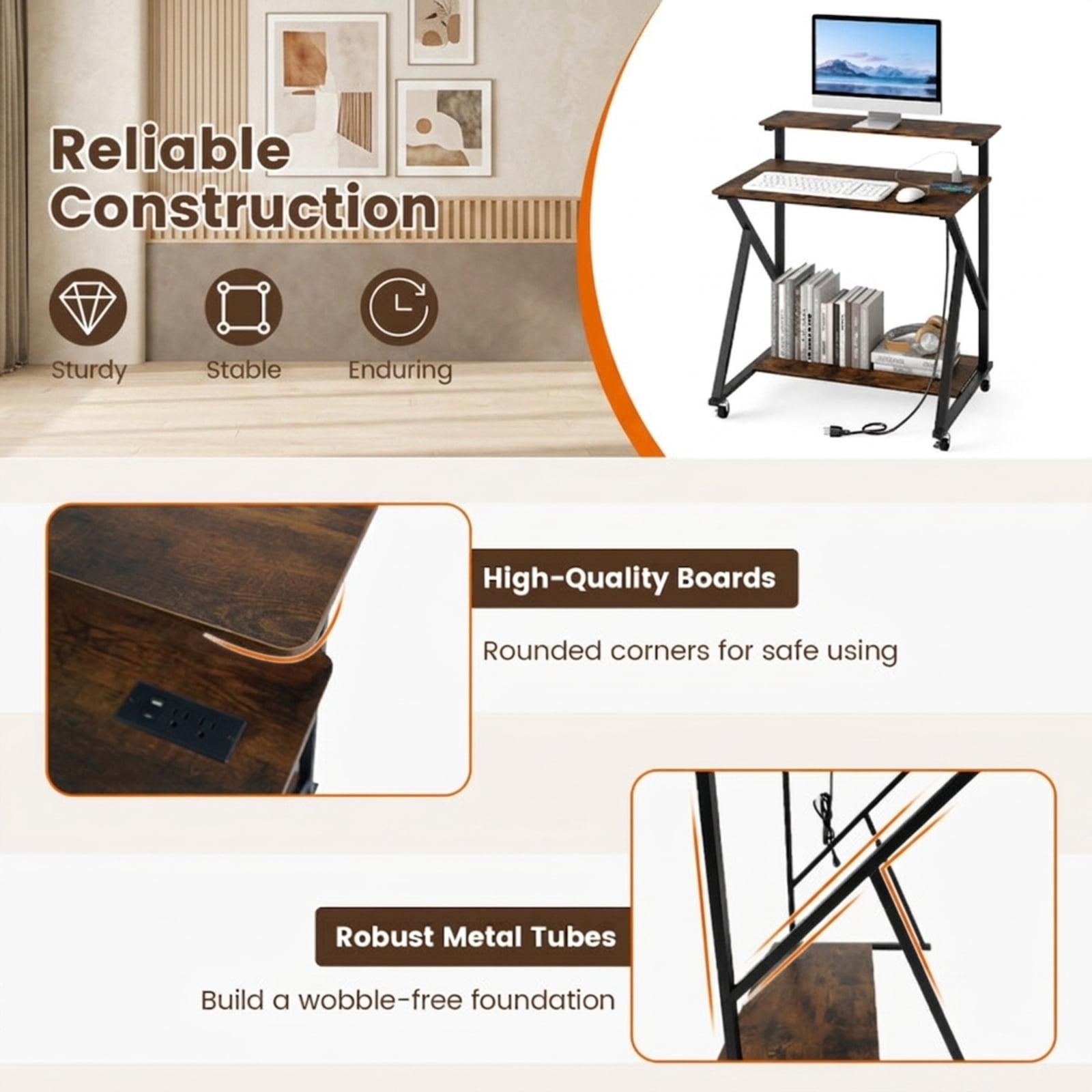 Furnibear 32 Inch Rolling Computer Desk for Small Spaces With Power Outlets and Monitor Shelf, Compact Home Office Desk on Wheels, Rustic Brown