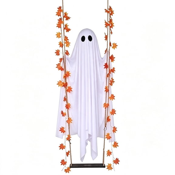 Swinging Ghost Decor, Hanging Halloween Decorations Outdoor, Cute Ghosts, Large Hanging Swing Halloween Ornament with Warm String Lights & Remote Control for Porch Yard Tree