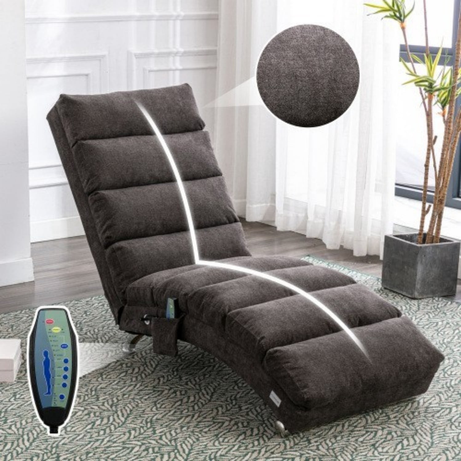 Upholstered Chaise Lounge Chair with Vibration, Modern Fabric Leisure Recliner with Ergonomic Fixed Back, Side Pocket & Lumbar Pillow, 300 lbs Capacity, Dark Gray