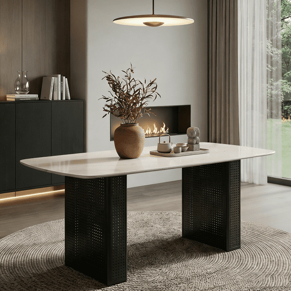 Modern Rectangular Tempered Glass Dining Table, Marble-Patterned Design with Gold Dual-Pedestal Metal Base, Ideal for Dining Room & Home Office