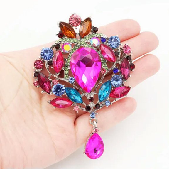 QQTDFG Luxury 3.74" Red Purple Blue Multicolor Rhinestone Crystal Flower Brooch Pin -Multicolor