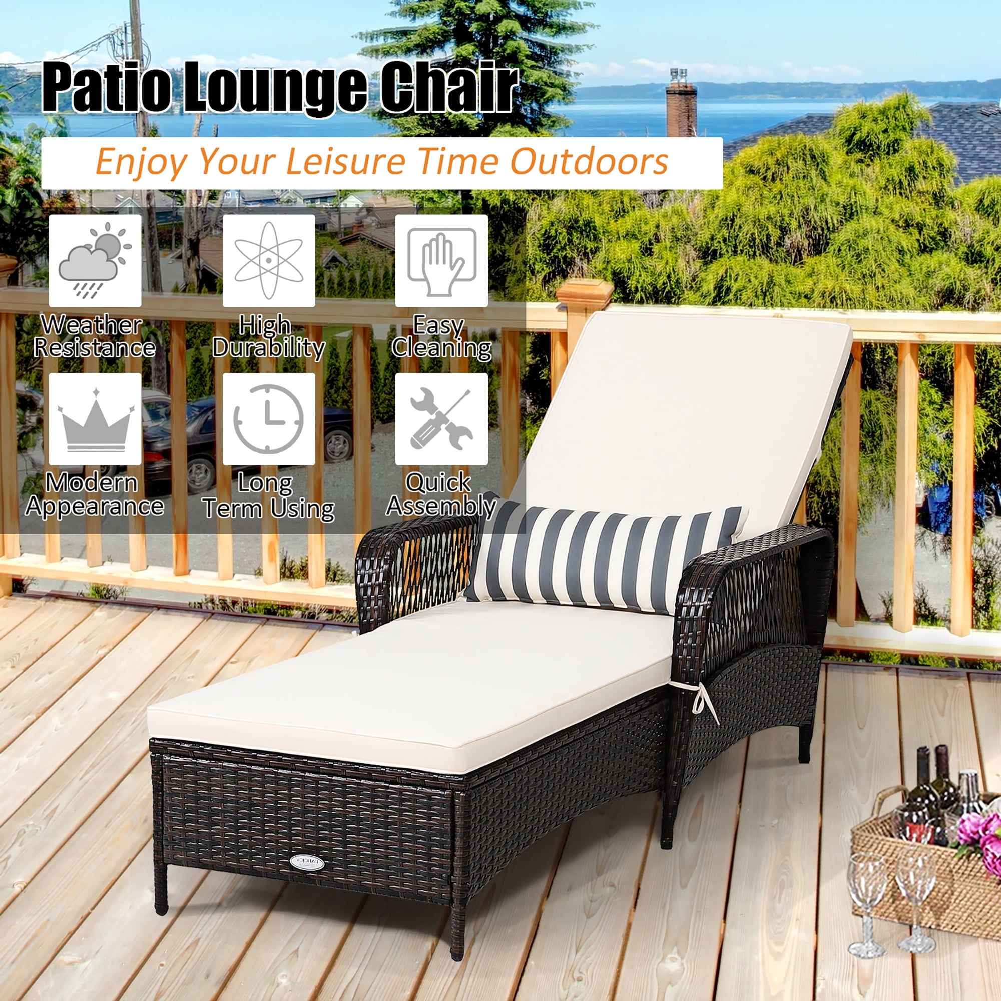Costway 2PCS PE Rattan Chaise Lounge Chair Armrest Recliner