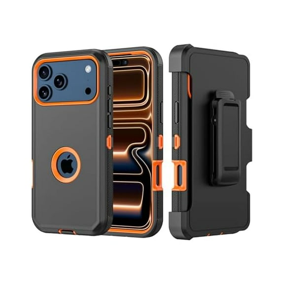 ZLCBPhone Case for iPhone 17 Pro Max Case,Heavy Duty Hard Shockproof Armor Protector Case Cover with Belt Clip Holster for Apple iPhone 17 Pro Max 5G 2025 Phone Case（Black Orange）