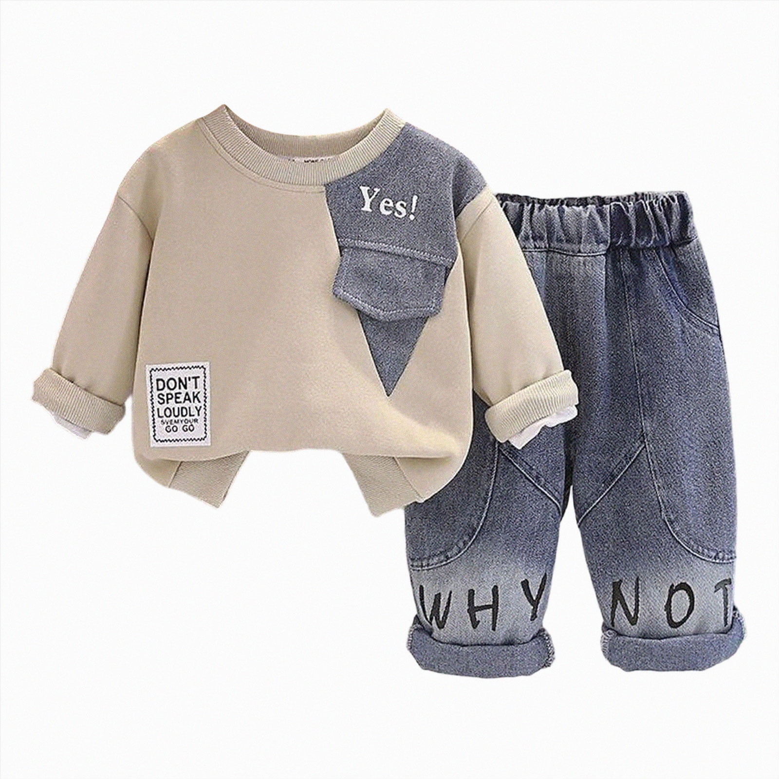 Little Boys Fall Winter Outfit Set Long Sleeve Crewneck Sweatshirt Elastic Cuffed Joggers Daily Outdoor School Casual Layering Suit Toddler Boys Winter Clothes 2-3 Years Khaki