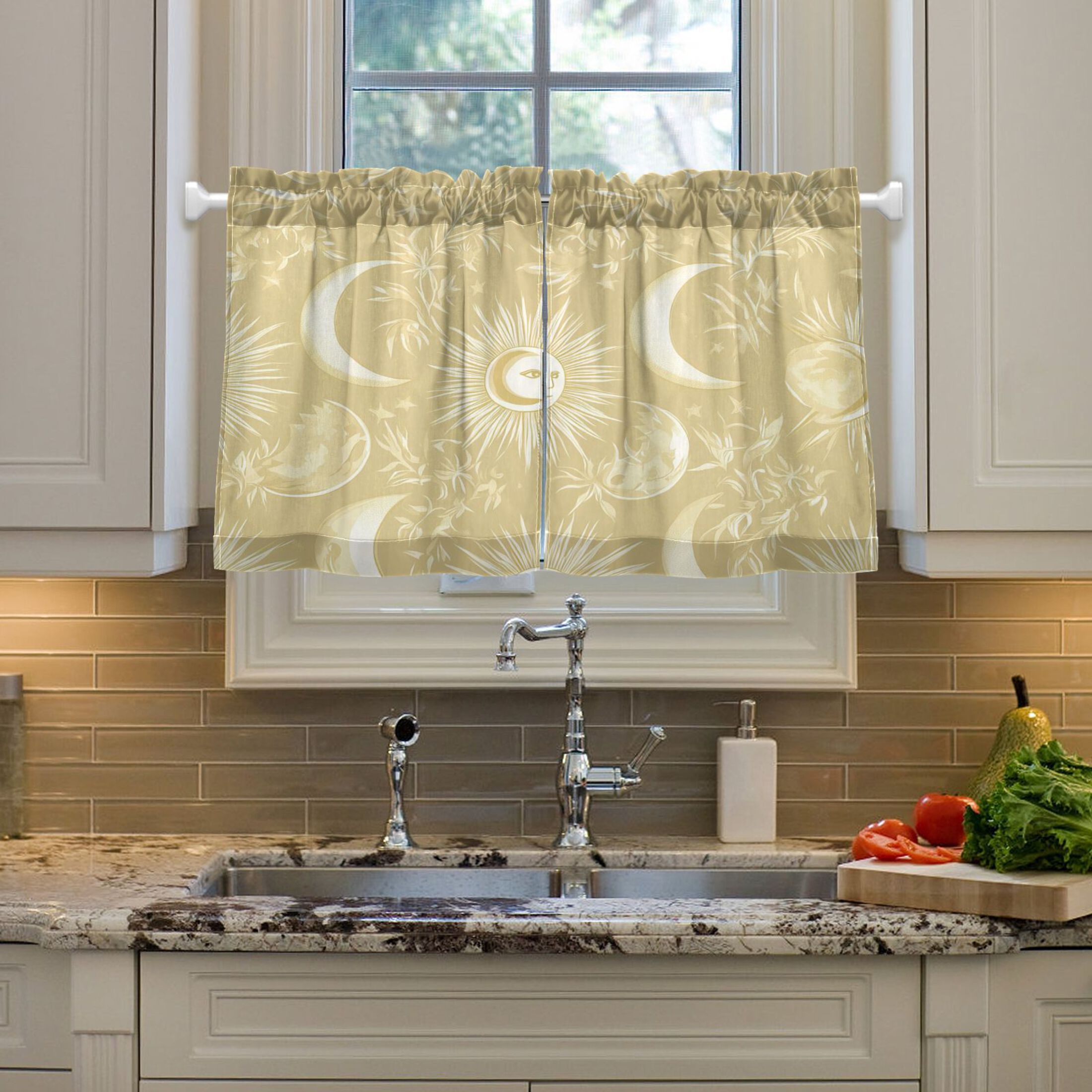 Facial Sun Moon Pattern 27"x36" Linen Look Cafe Curtain Set with Privacy and UV Protection