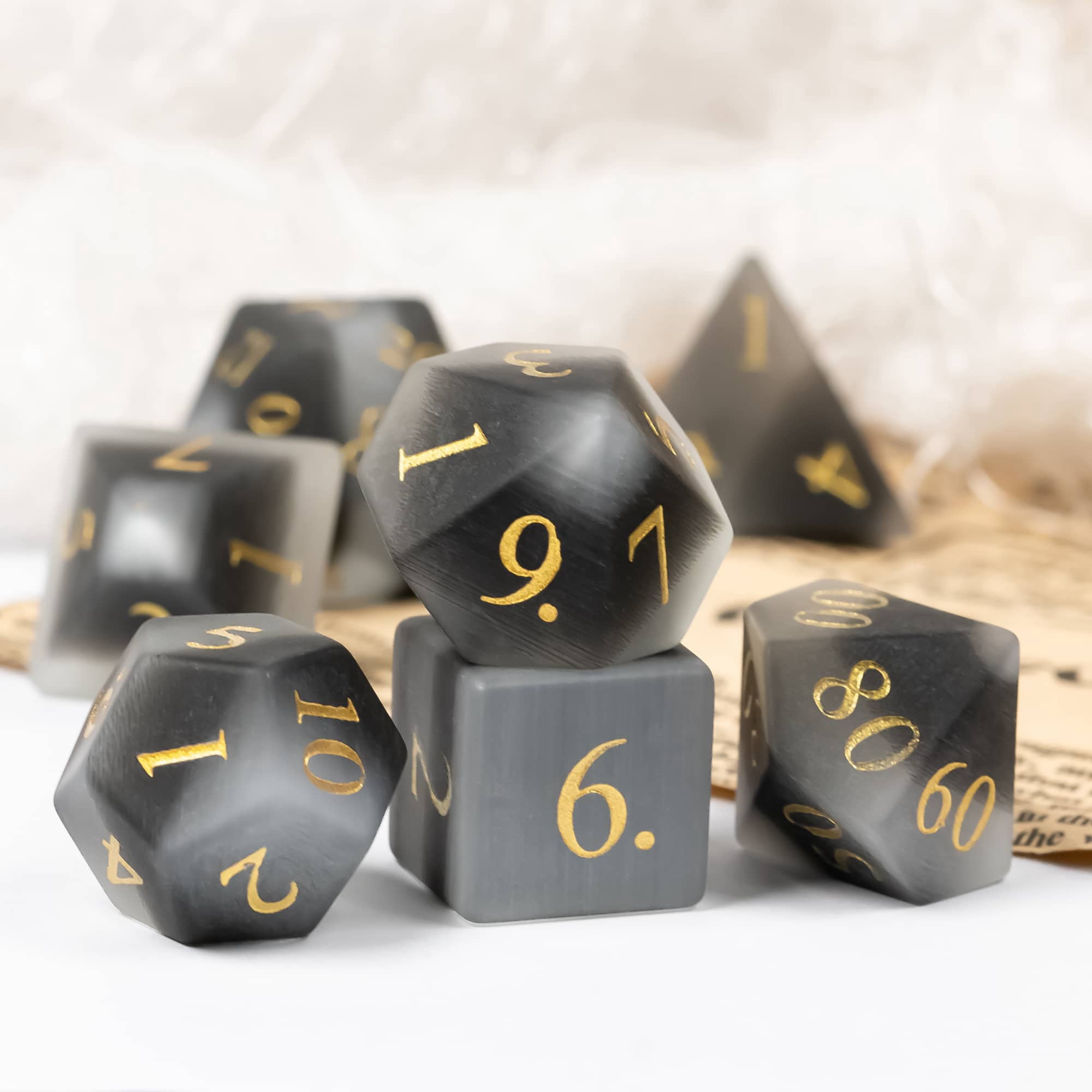 Cusdie Set of 7 Handmade Stone Dice, 16mm Polyhedral Stone D&D Dice Set with Leather Box, DND Dices for Collection