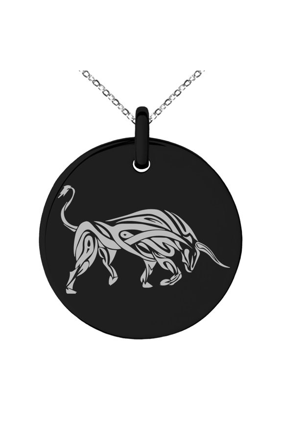 Stainless Steel Celtic Bull Rune Engraved Small Medallion Circle Charm Pendant Necklace