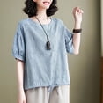 thumbnail image 4 of Timegard Womens Short Sleeve Tops Cotton Linen Round Neck Bottom Drawstring Back Button Casual Loose Tops, 4 of 7