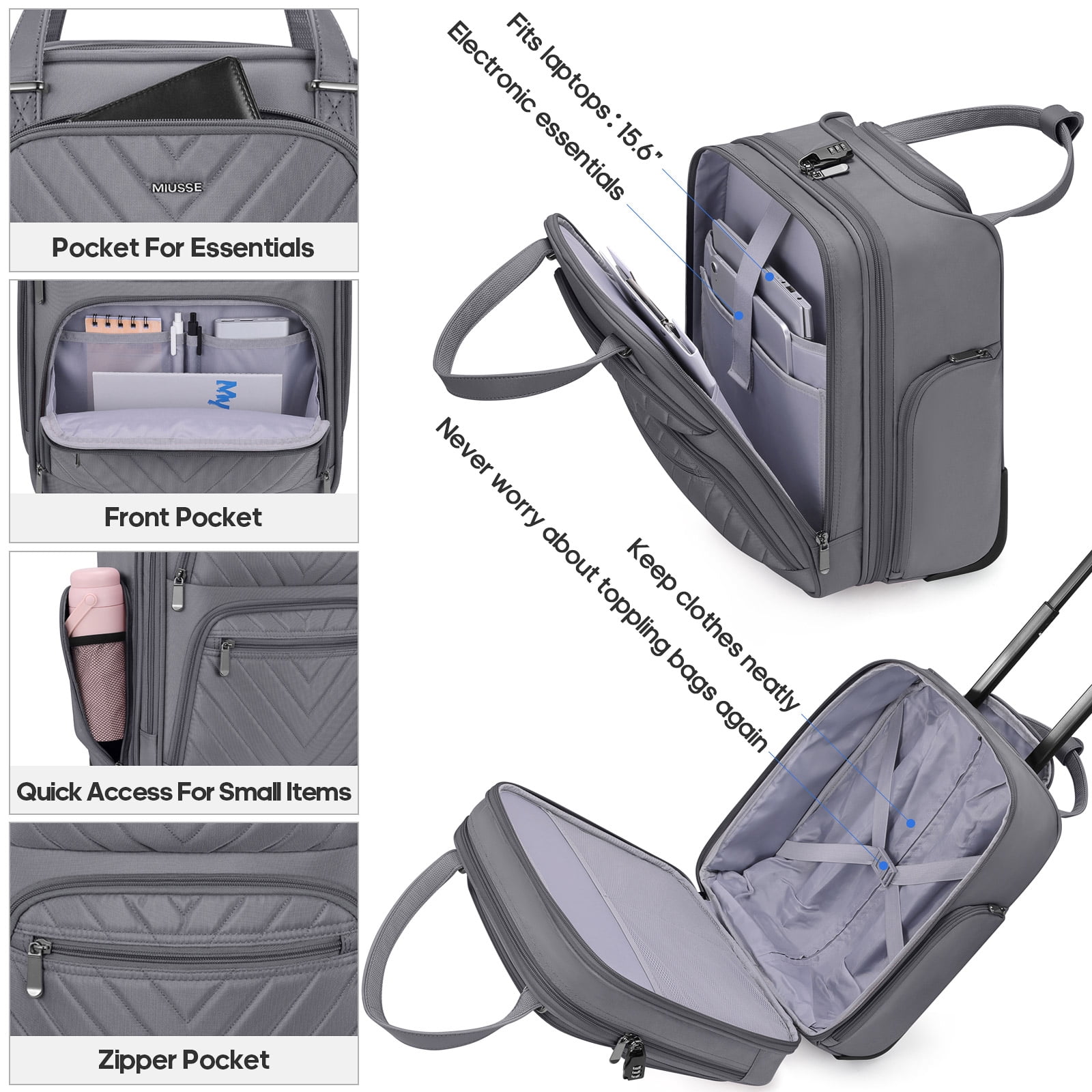 MIUSSE Underseat Carry on Luggage 16 Inch Soft Sided Luggage with Wheels and TSA Lock Airline Approved Small Suitcase for Men Women
