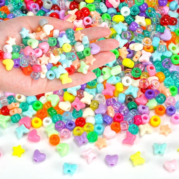 Pony Beads Bulk 1000  PCS, Assorted 9mm Acrylic Rave Kandi Beads, with Heart Star Butterfly Shaped Beads, for Bracelets, Hair Braid, Keychain Charms, Jewelry Making