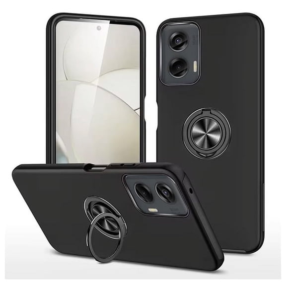 Slim Hidden Ring Hook Stand Hybrid Case for Motorola G Power 5G 2024 with Glass Screen Protector - Black