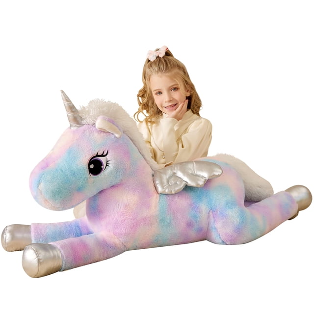 peluche de peluche earthsound, unicornio gigante, 43 pulgadas multicolor; vista 3/4 frontal acostado con cuerno y patas plateadas, pequeñas alas plateadas, pelaje pastel difuminado y ojos bordados grandes; gran tamaño ideal para abrazar, decorar habitación o como regalo.