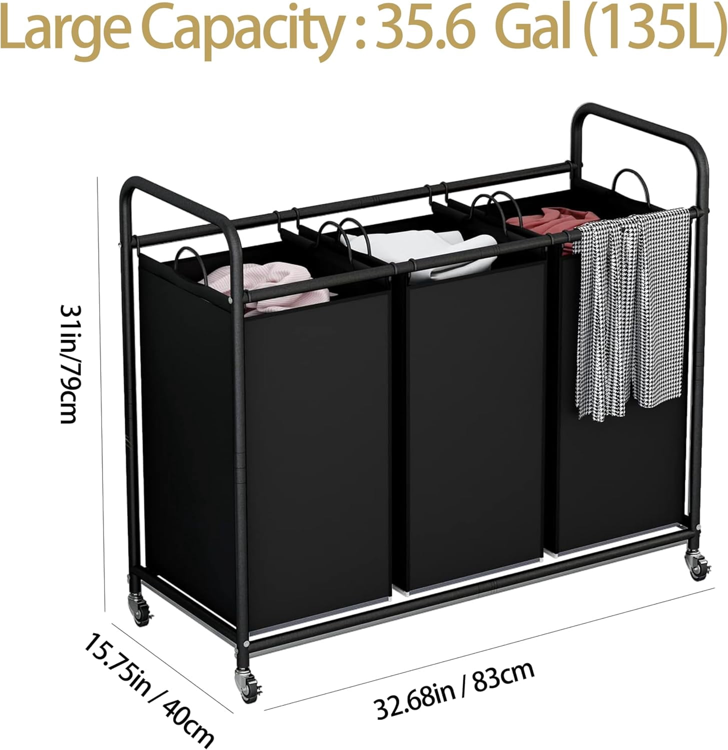 SUOERNUO 3-Bag Laundry Sorter Cart with Wheels – Heavy Duty Rolling Hamper with Removable Bags for Laundry Room Organization (Black)