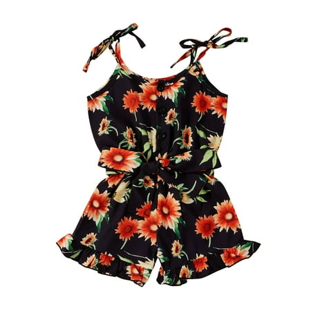 

TUOBARR Toddler Baby Girls Sunflower Printed Suspender Romper Jumpsuit Clothes Black (6M-4T)
