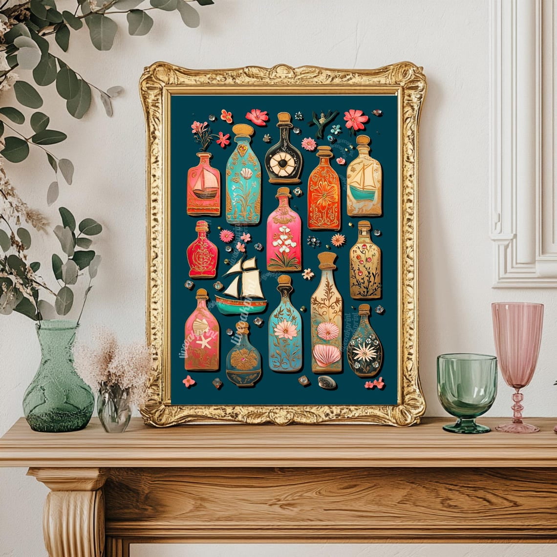 Ocean Potions Wall Art Print Navy Coastal Beachy Themed Seashell Bathroom And Gallery Wall Decor