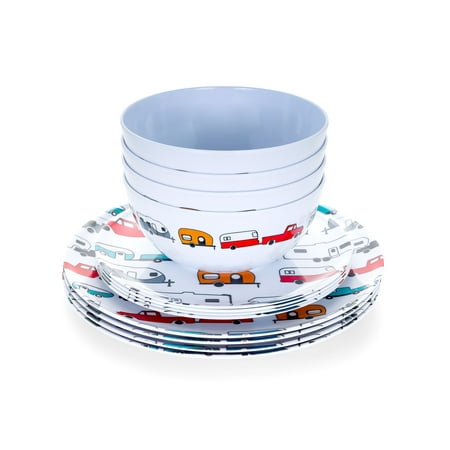 Camco Life is Better at The Campsite 12 Piece Dishware Set-Multicolor Retro RV and Trailer Print, Includes Plates and Bowls, Perfect for RVing and Camping (Best Rv Places In Florida)