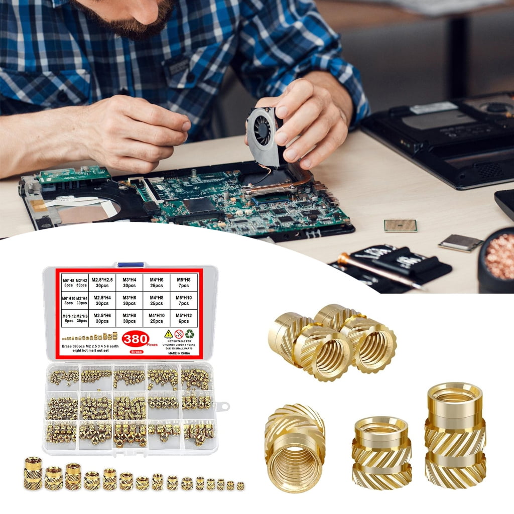 JZROCKER 380Pcs Threaded Inserts 2/2.5/3/4/5/6mm Knurled Nut Brass Embedding Nut