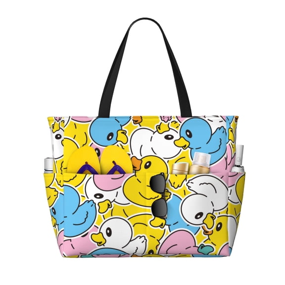 PAYOHTO Cute Ducks Yellow Blue Large Beach Tote Bags for Womens Mens Sandproof Swim Pool Bag with Zipper for Travel Vacation