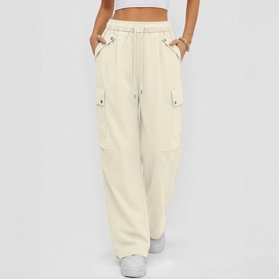 Zysthvn Straight Leg Womens Tall Pants Casual Summer Cotton Linen Cargo Pants Elastic Waist Trousers for Women with Pockets Solid Drawstring Loose