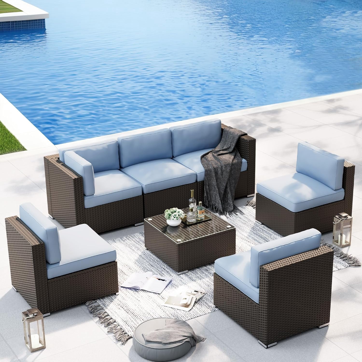 SUNCROWN 7-Piece Outdoor Patio Furniture Sofa Set All-Weather Black Wicker Sectional Conversation Set with Modern Glass Coffee Table and Cushions-Light Blue