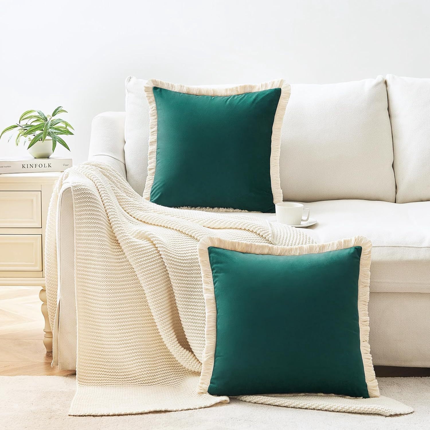 Yumcute Pillow Covers 16x16 Set of 2 Beige Throw Pillow Covers with Fringe Chic Cotton Decorative Pillows Square Cushion Covers for Sofa Couch Bed Boho Decor