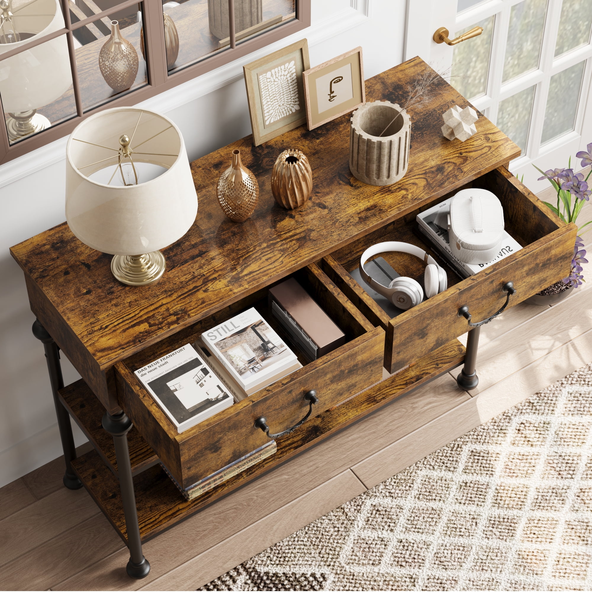 Roman Column Entryway Table, 39'' Farmhouse Sofa Table with 2 Drawers and Storage Shelves, Narrow Console Table for Living Room, Hallway, Foyer, Retro Brown