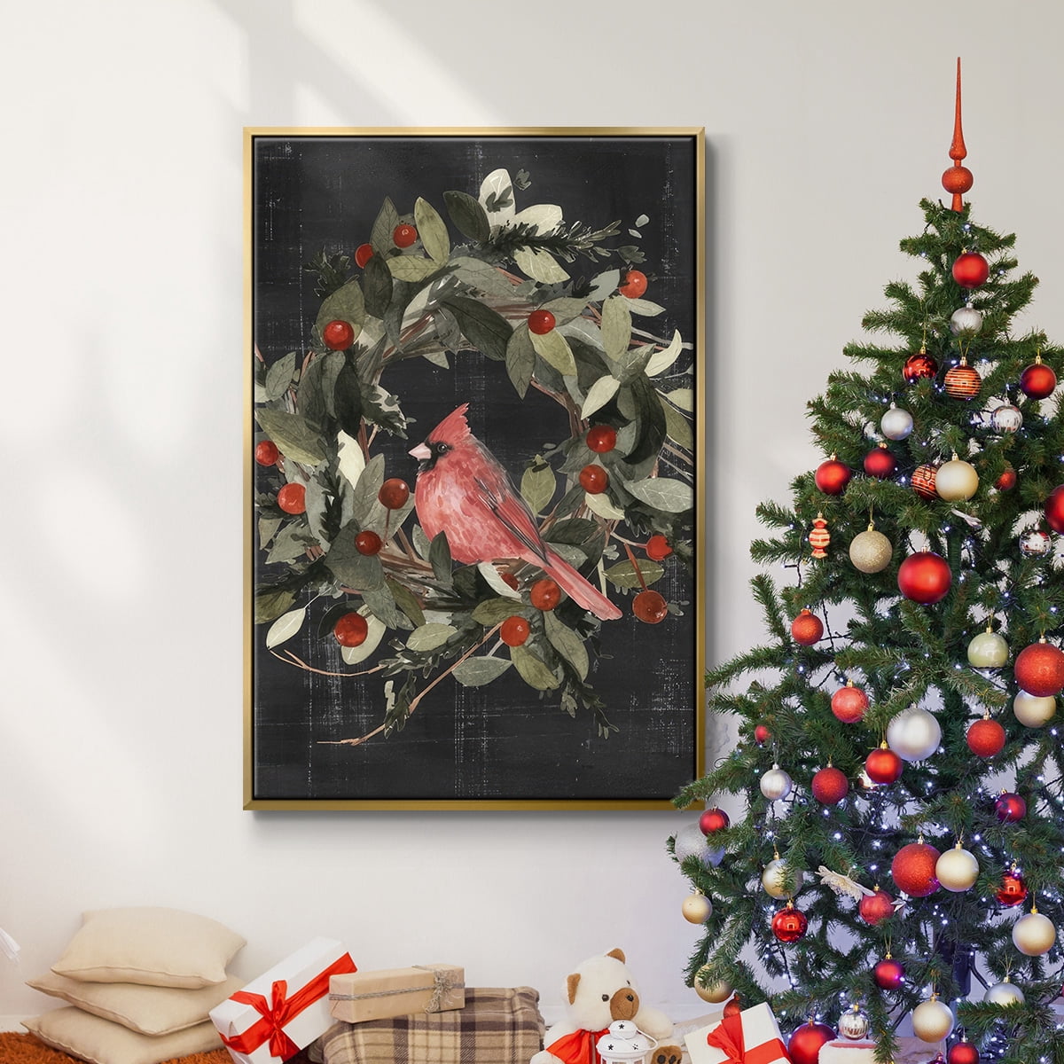 Christmas Cardinal I - Framed Gallery Wrapped Holiday Canvas - 27 x 41 - Gold Frame