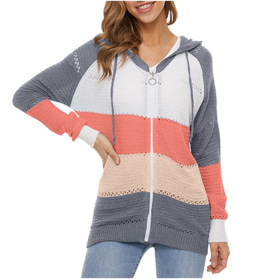 Usmixi Sweater Coat for Women Winter Knitted Sweater Coat for Women Fashion Color Patchwork Hollow out Drawstring Hooded Coat Open Front Zipper Plus Size Loose Sweater Outwear Weekly