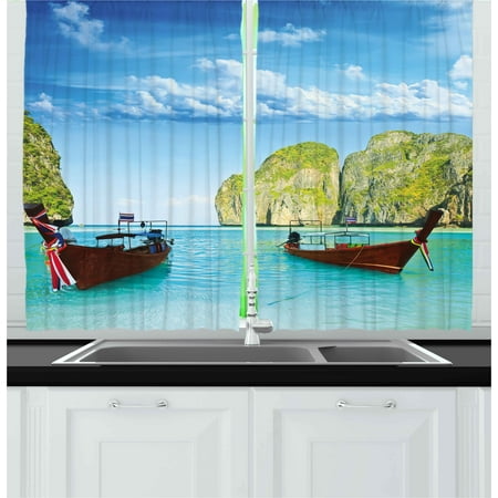 Landscape Curtains 2 Panels Set, Traditional Longtail Boats at Maya Bay in Thailand Asian Exotic Seascape Image, Window Drapes for Living Room Bedroom, 55W X 39L Inches, Multicolor, by (Best Thai Bay Area)