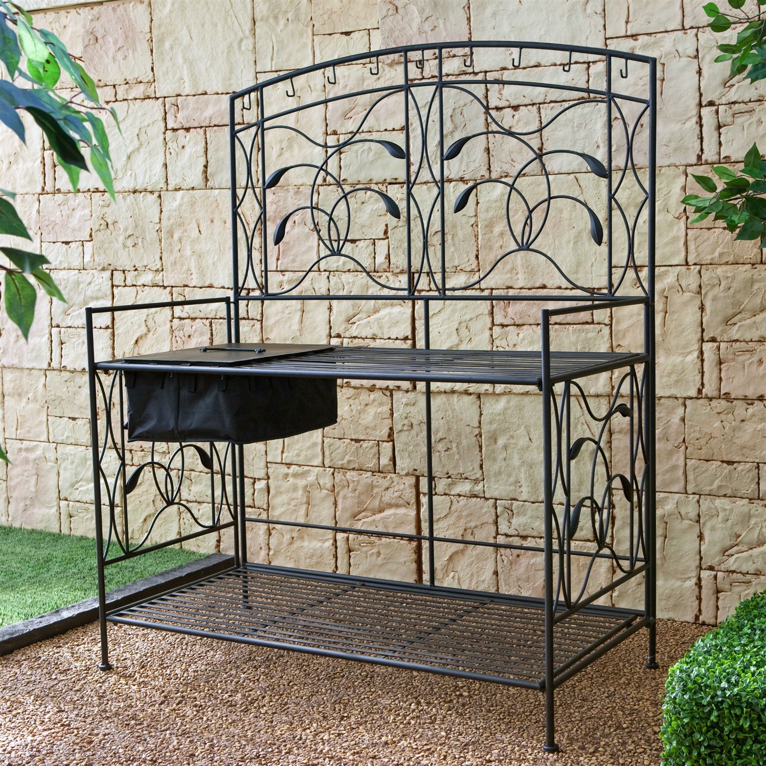 Black Metal Potting Bench With Wrought Iron Vine Details And Fabric Potting Sink Walmartcom Walmartcom