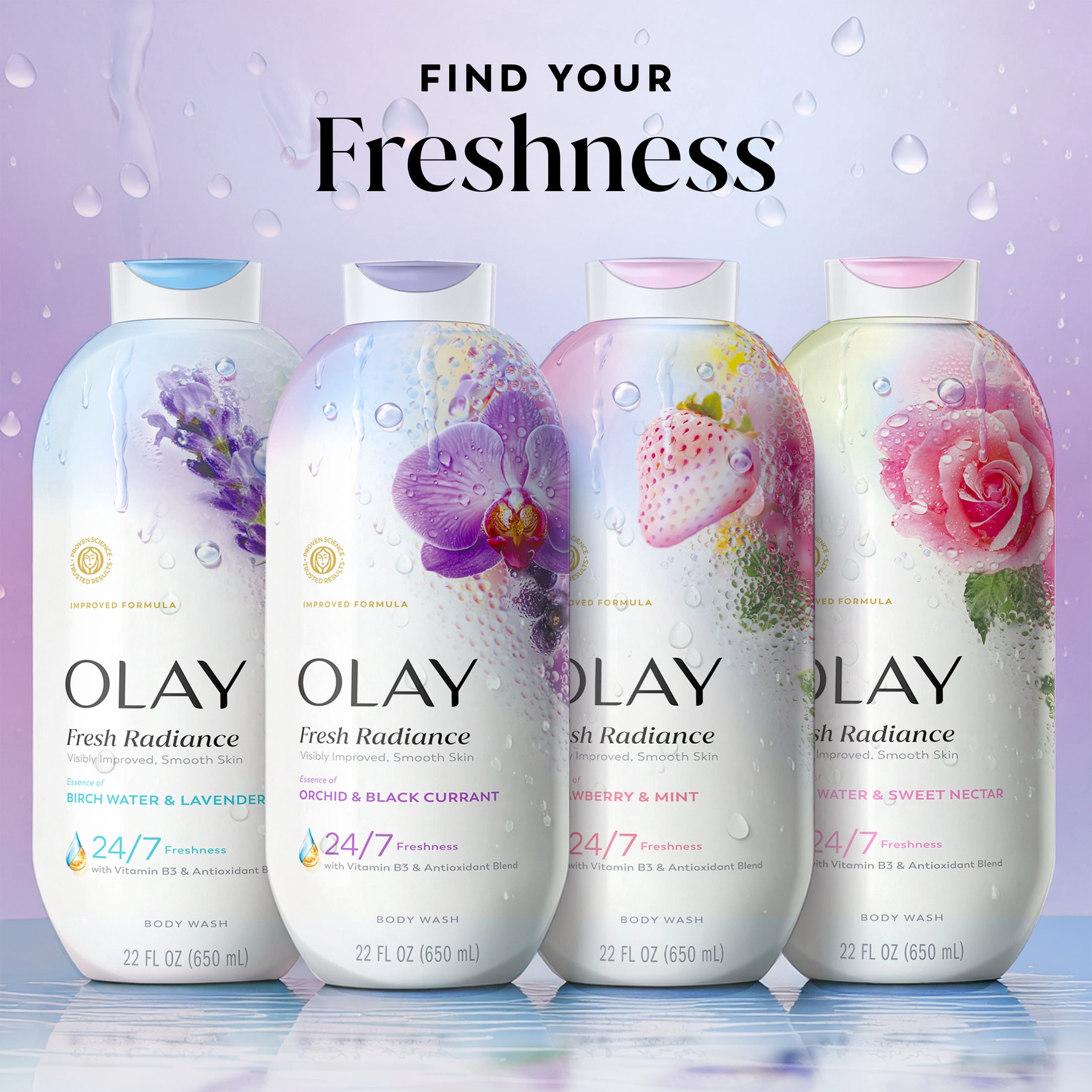 (4 pack) Olay Fresh Radiance Body Wash with Essence of Orchid and Black Currant, Vitamin B3 and Antioxidant Blend